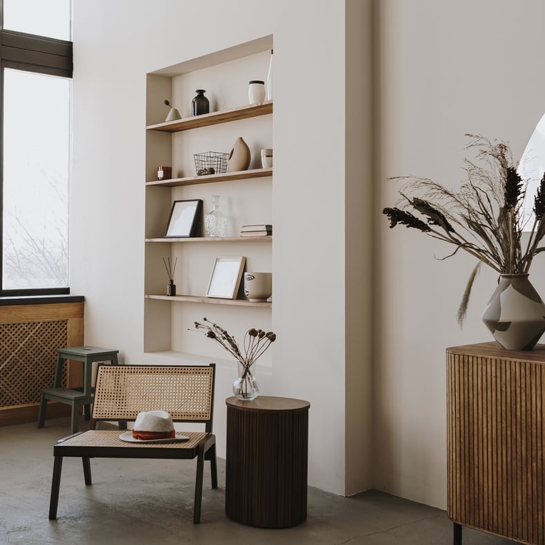 Scandinavian Interior with Vases on Shelves